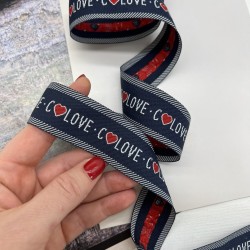 Тесьма репсовая плотная темно-синяя с текстом, 3 см