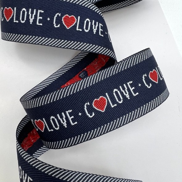 Тесьма репсовая плотная темно-синяя с текстом, 3 см