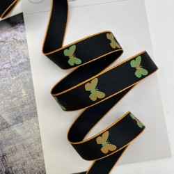 Тесьма репсовая плотная черная с бабочками, 2.5 см