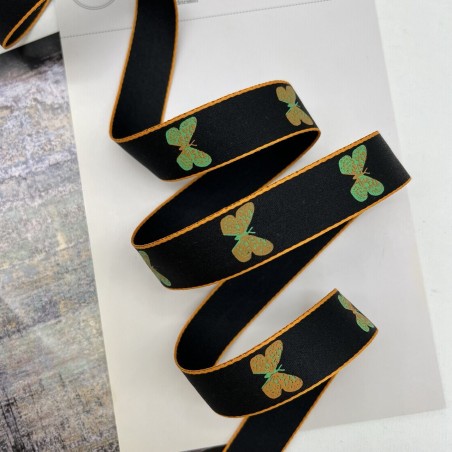 Тесьма репсовая плотная черная с бабочками, 2.5 см