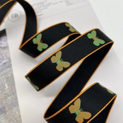 Тесьма репсовая плотная черная с бабочками, 2.5 см