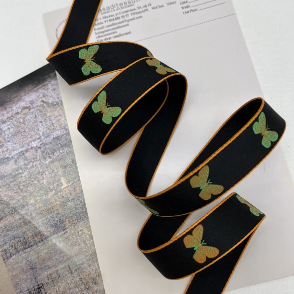 Тесьма репсовая плотная черная с бабочками, 2.5 см