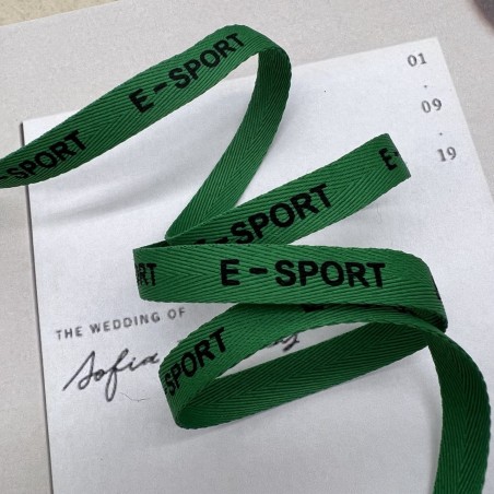 Тесьма репсовая хлопковая зеленая с принтом, 10 мм