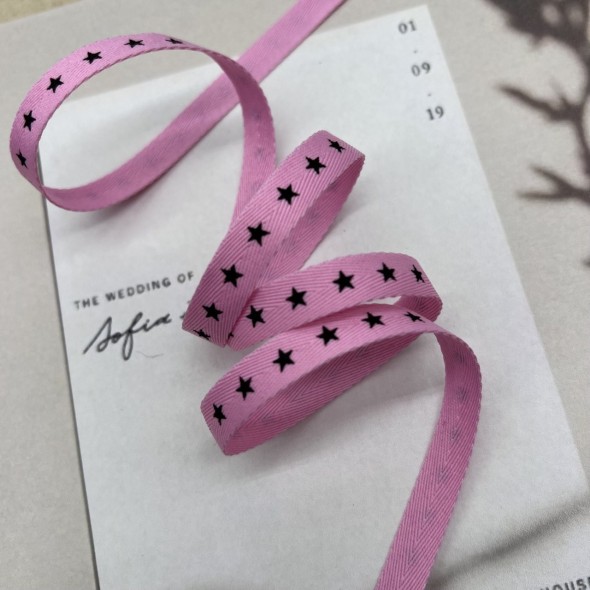 Тесьма репсовая хлопковая розовая с принтом, 10 мм