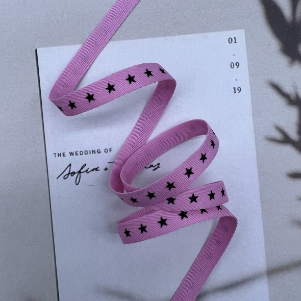 Тесьма репсовая хлопковая розовая с принтом, 10 мм