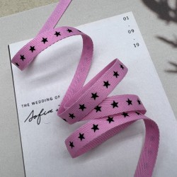 Тесьма репсовая хлопковая розовая с принтом, 10 мм