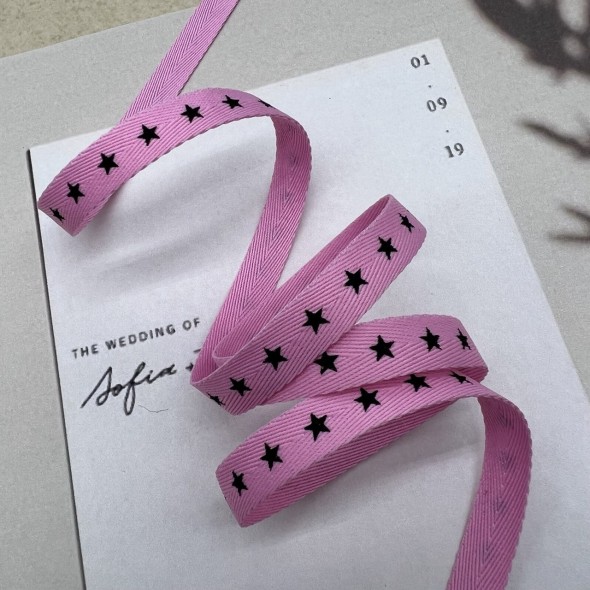 Тесьма репсовая хлопковая розовая с принтом, 10 мм